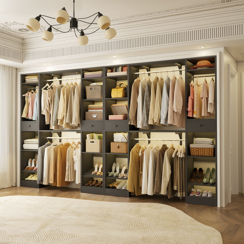  116.6'' - 180'' W Closet Systems with Wooden Drawers and Hanging Rods(Cut to Fit), Black