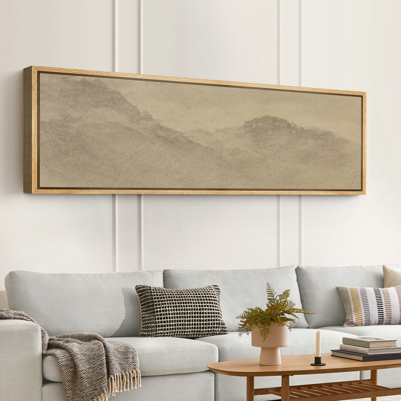 Monochrome Misty Mountains Large Framed Canvas Print Wall Art - Subtle Landscape Decor, 20" H x 60" W, Natural