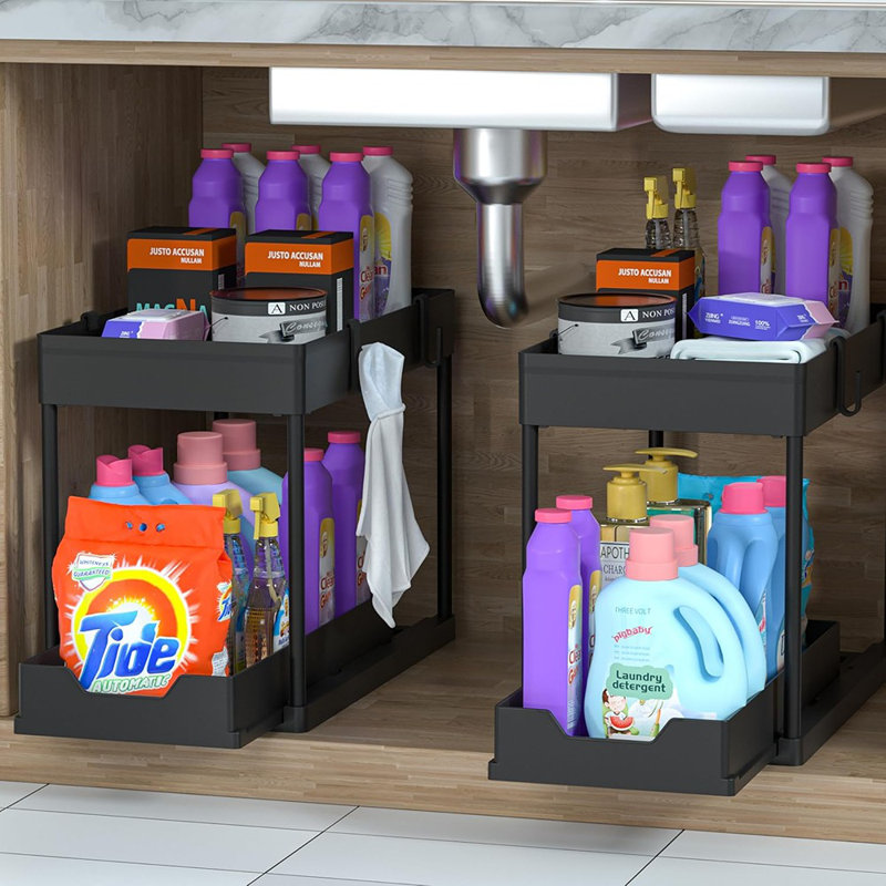 2-Pack Under Sink Organizer – Black 2-Tier Sliding Basket Cabinet Storage, Multi-Purpose Organizer For Kitchen & Bathroom