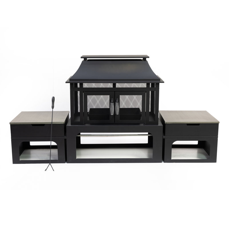 Deko Living 70 Inch Rectangular Outdoor Steel Wood Burning Fireplace with Log Storage, Poker and Side Tables 