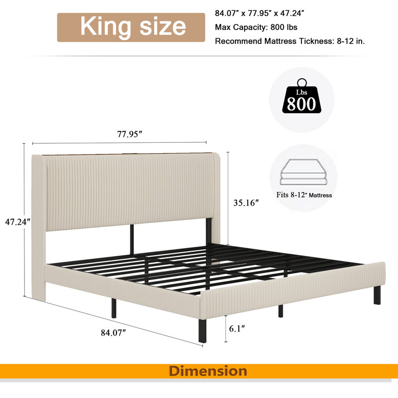 Lit plateforme, cadre de lit en métal avec station de charge, aucun sommier requis, silencieux, assemblage facile