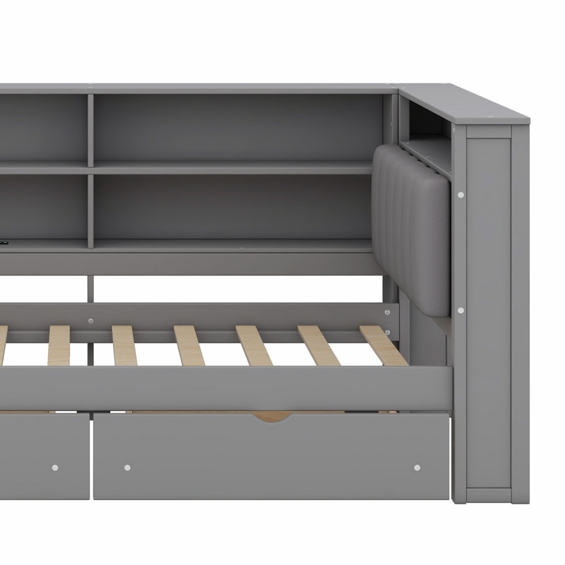 Lit plateforme en bois avec tablettes de rangement, tiroirs, station de charge, DEL, bureau et tête de lit tapissier, Gris
