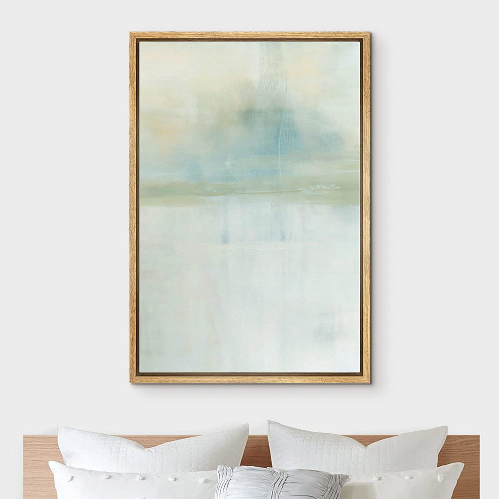 Mid-Century Pastel Teal Gray Watercolor Collage - Painting on Canvas IDEA4WALL Frame 