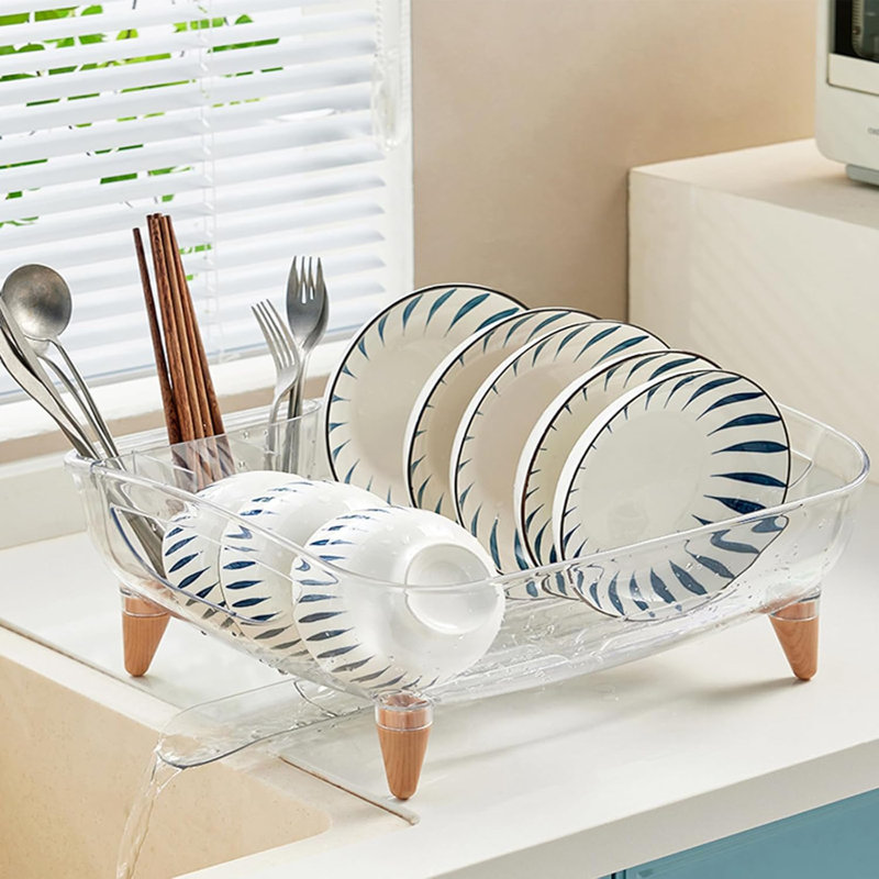 Dish Drying Rack For Kitchen Counter With Drainboard And Utensil Holder, Multi-Functional Sink Dish Drainer With 360° Swivel Spout, High-Capacity Clear PET Dish Rack