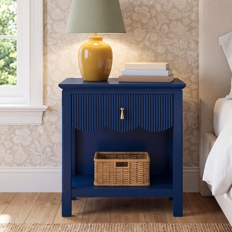 Sofia Wood 1 Drawer Reeded Nightstand, Navy Blue