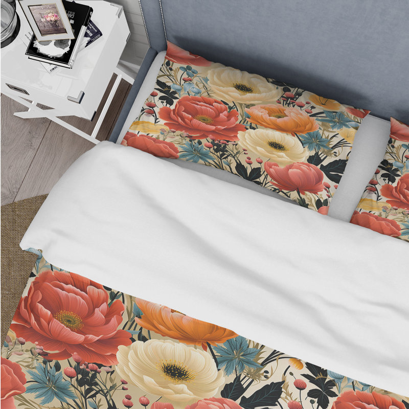 Ensemble de housse de couette floral beige et rose Floral II, Housse de couette simple + 1 taie décorative stan