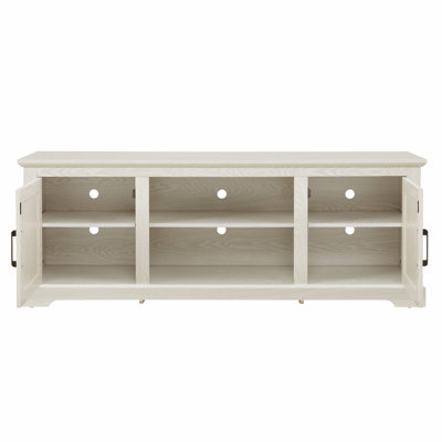 Farmhouse Rattan TV Stand Console Table for TVs up to 70 Inches, TV Console Table with 2 Storage Shelves, 2 Natural Rattan Door Cabinets,65"W*15.55"D*23.86"H, White