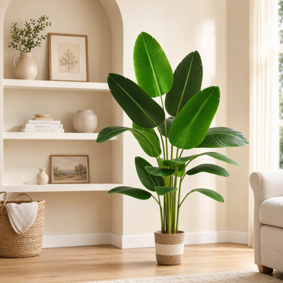 Oiseau de paradis artificiel de 6 pi, feuille de bananier artificiel avec 18 feuilles, livré avec pot de fleurs tissé décoratif, plante tropicale artificielle nécessitant peu d'entretien pour la décoration intérieure et extérieure