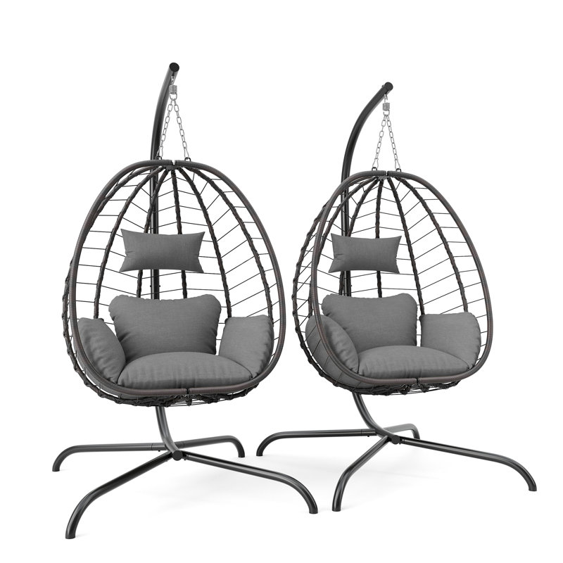 Kyus Hanging Egg Chair With Stand, PE Rattan Wicker Swing, Waterproof Cushions (Set of 2), Gray