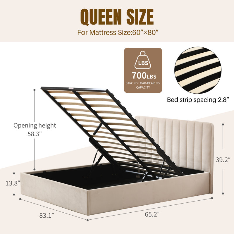 Lit plateforme tapissier hydraulique avec rangement relevable, Crème, Grand