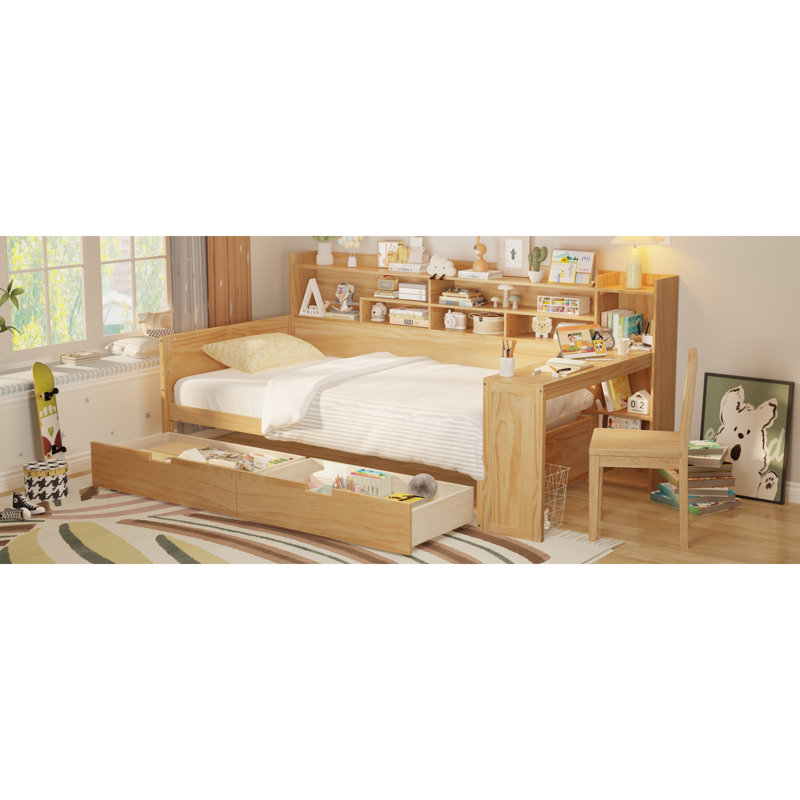Lit de jour simple en bois avec tablettes de rangement, lit multifonctionnel avec deux tiroirs de rangement et bureau d'étude, naturel