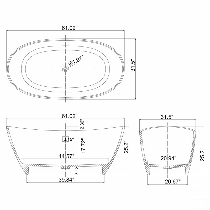 Baignoire de trempage autoportante à surface solide de 61 pouces