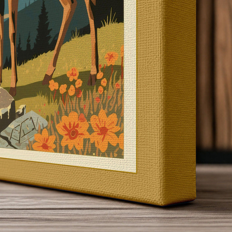 Mountain Deer Japandi - Wrapped Canvas, 18x12 - 45.7 x 30.5 cm, Ochre Border