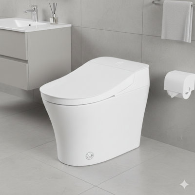 One-piece elongated smart toilet with an integrated tank and built-in bidet, featuring warm water spray and dryer functions, instant warm water supply, heated seat, certified to CSA standards, manual flushing option during power loss