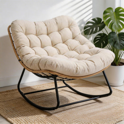 Chaise berçante intérieure / extérieure avec coussin épais, structure en métal robuste, supporte un mouvement berçant de 450 lb, tissu résistant à l'eau avec pieds arqués pour patio, jardin, salon, coussin gris clair.