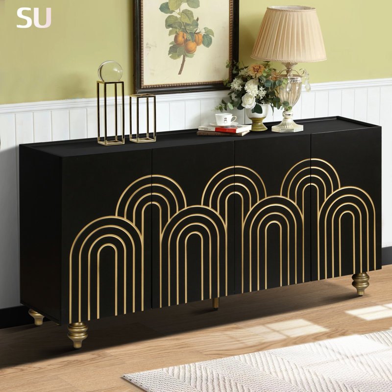 Buffet moderne cannelé avec rangement, élément courbe avec lignes strictes, armoire de rangement à 4 portes pour différentes pièces