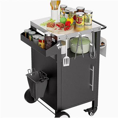 Chariot de barbecue et mobilier d'extérieur, table de barbecue avec rangement, chariot de barbecue d'extérieur avec crochets et supports à assaisonnement, noir
