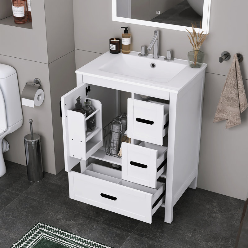 Modern 24" Freestanding Bathroom Vanity With Ceramic Sink, White