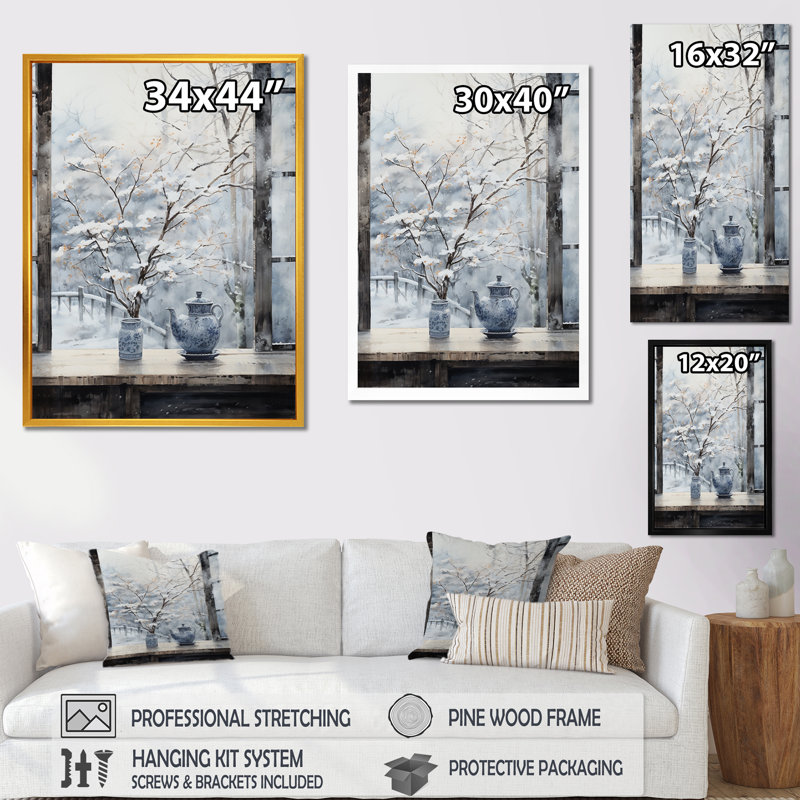 Art floral mural fenêtre de neige en hiver 3 - Japon, Cadre photo doré simple, H 44 po x l 34 po x P 1,5 po