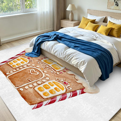 Brown Machine Washable,Watercolor Holiday Gingerbread House Indoor Area Rug