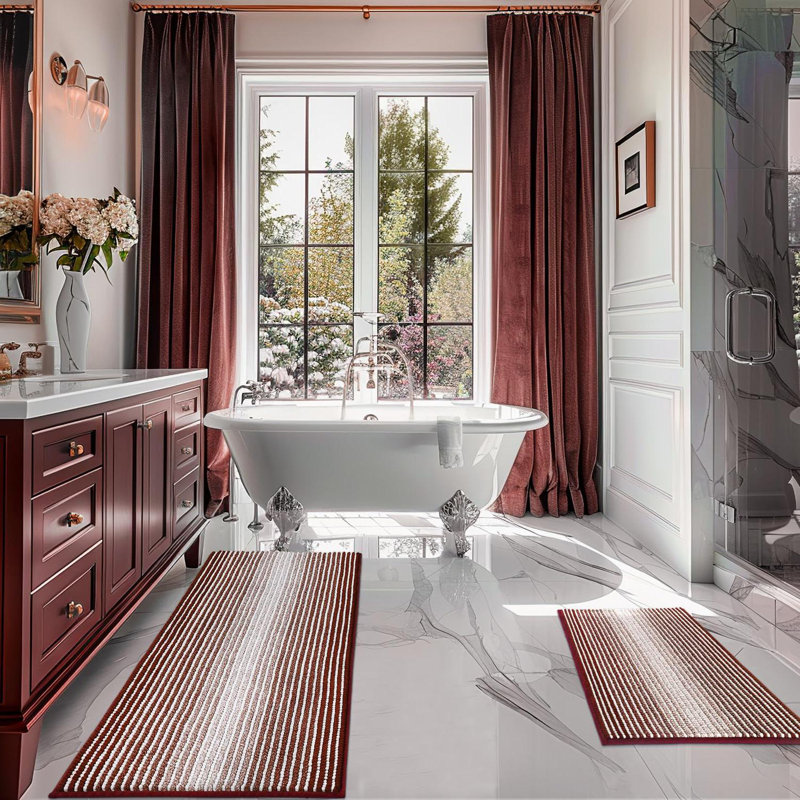 2-Piece Set Rectangle Bath Rug, Burgundy Red
