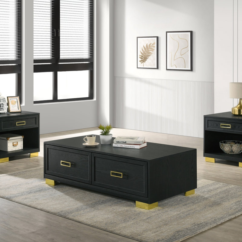 Table basse contemporaine 3 pièces avec tiroirs de rangement à tablette ouverte et finition noire or