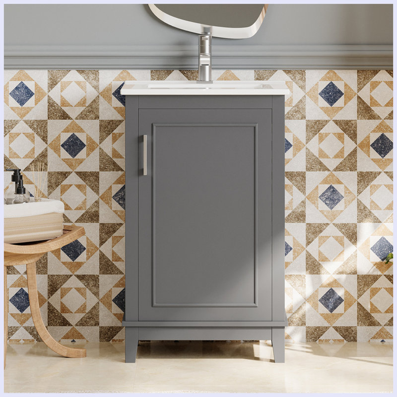Petit meuble-lavabo moderne avec lavabo en céramique, Gris