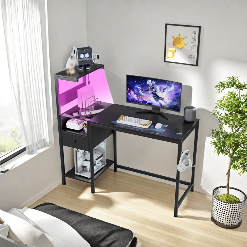 Computer Desk With Power Outlet & Storage Shelves, Black