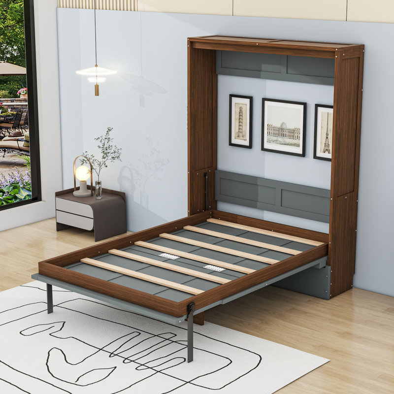 Lit escamotable en bois avec bureau, Noyer / gris