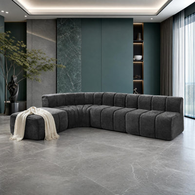 Curved Chenille Modular Sectional Sofa with Channel Back and Ottoman