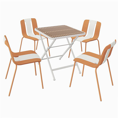 Holiday - 4-Pack Modern Striped Color Block Chairs-Indoor/Outdoor PP Seat & Sturdy Metal Legs, White, Orange, Beige with Folding indoor/outdoor square table- PP tabletop with metal legs(White, khaki)