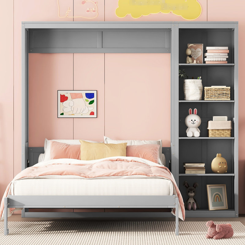 Lit gris avec tablettes de rangement et porte-matelas - Mur peu encombrant pour petits appartements, Gris, Lit double