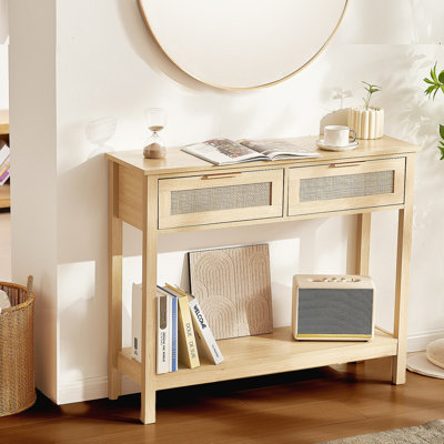 Console en rotin avec 2 tiroirs de rangement, table d'entrée en rotin avec porte coulissante en rotin naturel, table console pour salon, bureau, entrée ou mur télé