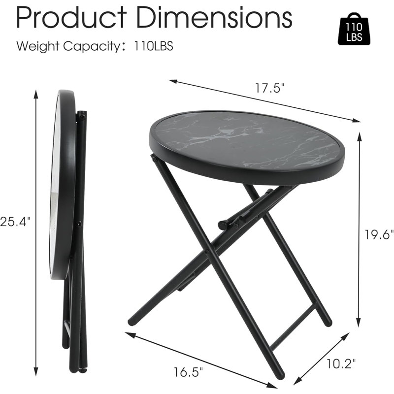 Folding Patio Side Table with Tempered Glass Tabletop