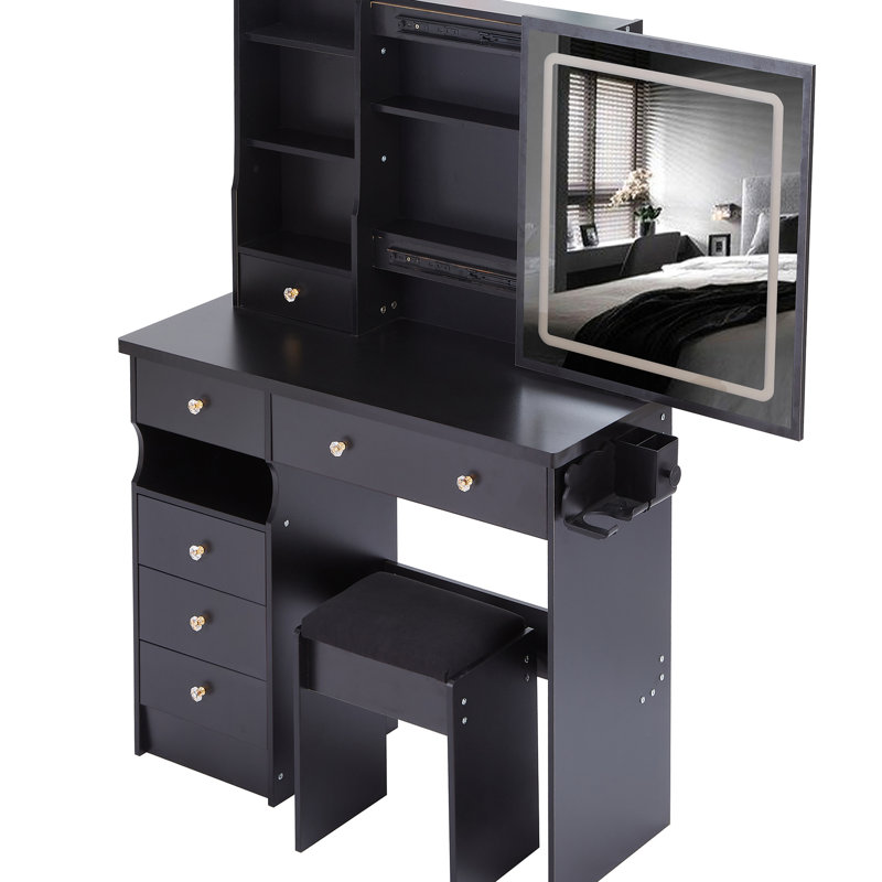 Table de coiffeuse et tabouret de bureau de 37 po avec tiroir à gauche, 2 prises AC +, support pour sèche-cheveux, miroir à DEL tactile 3 couleurs, style américain avec coussin intégré