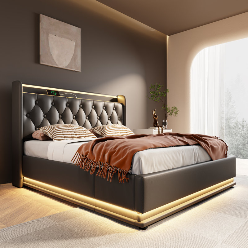 King Size Upholstered Bed, 360 Surround LED Function, Buttons/Apps/Remote Control, Hydraulic Storage Bed With USB Type-C Charging, Black, PU