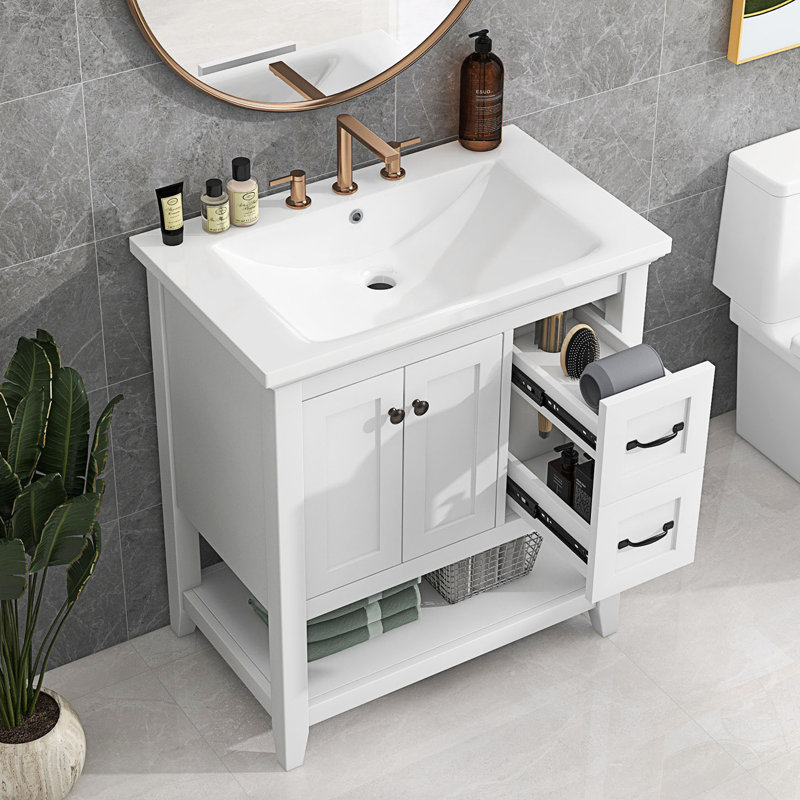 Meuble-lavabo de salle de bain avec comptoir en céramique, meuble-lavabo avec tiroir multifonctionnel