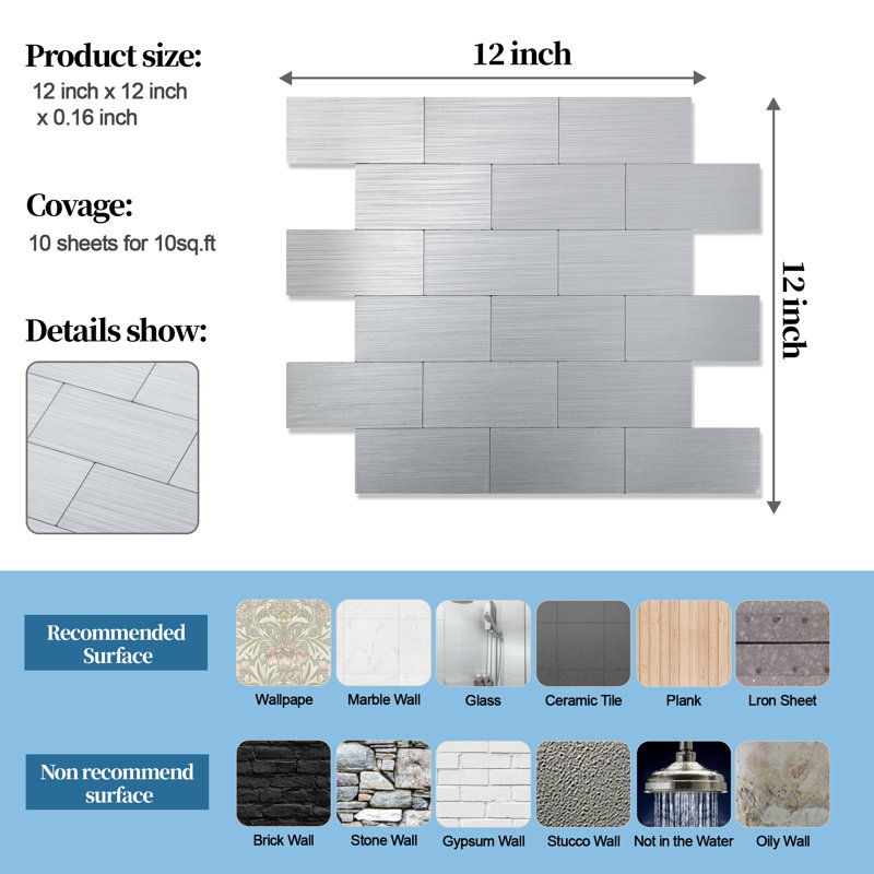 12'' W x 12'' L PVC Peel and Stick Backsplash Tile, Silver Metal