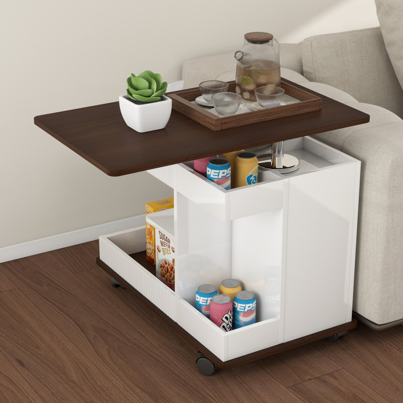 Table de bout réglable avec roulettes, table d'appoint moderne avec plateau tournant à 360 ° et espace de rangement, Blanc
