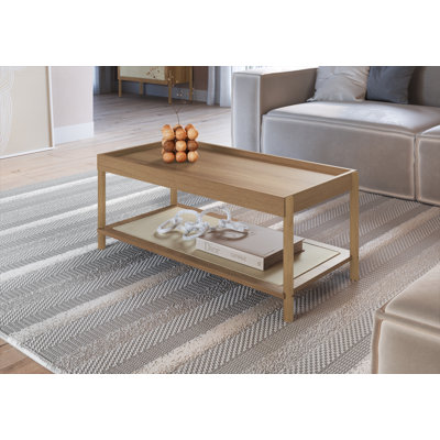 Jaccob Coffee Table Wood Legs Rattan Shelf Storage