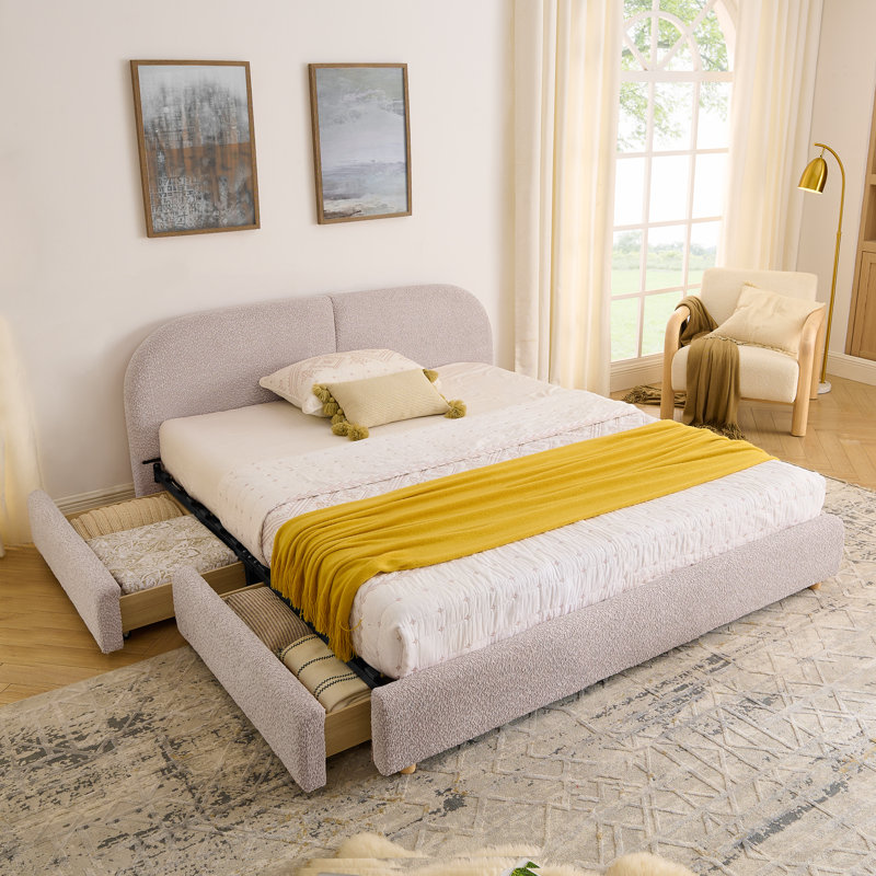 Queen Size Upholstered Bed Frame with Tall Curved Headboard, Sturdy Legs & Wheeled Drawer Storage - Beige, Queen, Pink