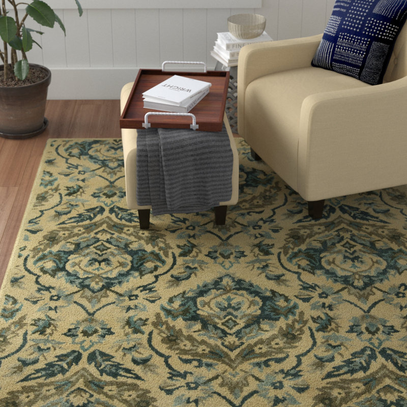 Tapis vert olive / bleu / beige en laine touffeté à la main Katlyn, Rectangle 7 pi 6 po x 9 pi 6 po