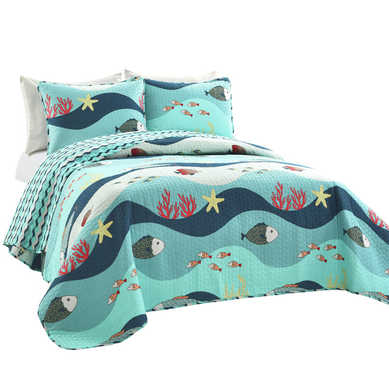 Ensemble de courtepointe réversible en coton Lush Decor Sea Life, Courtepointe simple et 1 taie décorative
