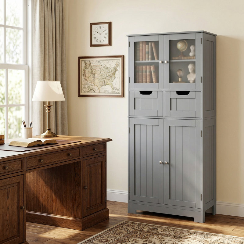 Armoire de rangement de salle de bain autoportante robuste à grande capacité à 4 portes résistante à l'eau avec 2 tiroirs coulissants et portes vitrées transparentes pour la salle de bain