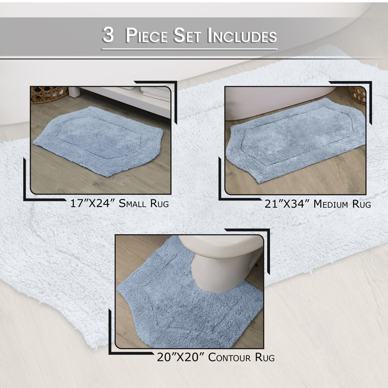 Morissette 100% Cotton Bath Rug, Non-Slip, Quicky Dry, Machine Washable, Absorbent - 3 Piece Set, Bleu