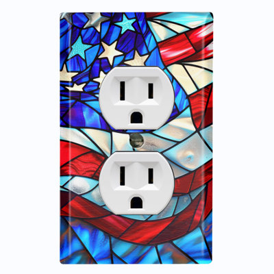 Metal Light Switch Plate Cover; US Standard Size 1 Gang Duplex - Printed Image of Stained Glass American Flag