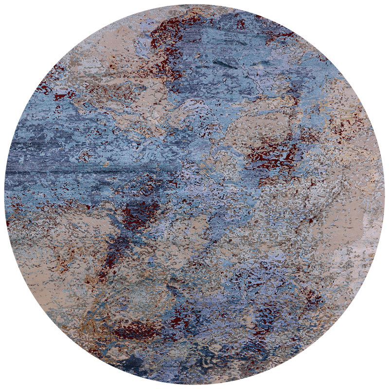 Tapis bleu / brun à motif abstrait Boyster, Rond 3 pi