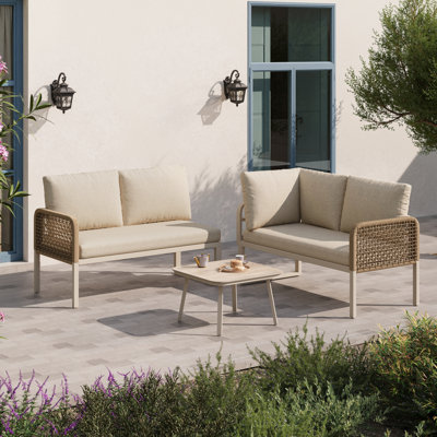 Beige Linen Convertible 4 Seater Polyester Rope Conversation Set With Sofa And Armchairs Garden Set With Wood-Look Tempered Glass Table