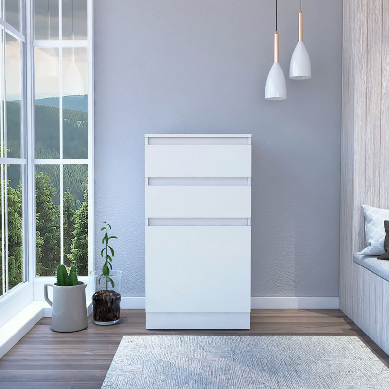 Dresser 43"H, Jewelry Box, Mirror, Single Door Cabinet, Two Drawers, White, White