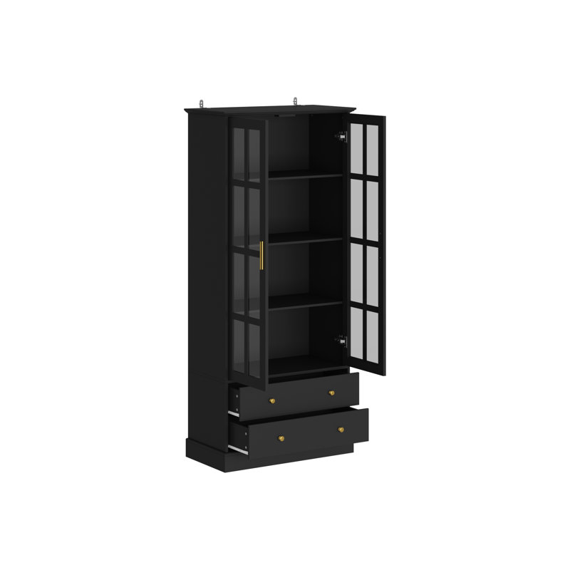 70''H Bookcase With Drawers And Glass, Black